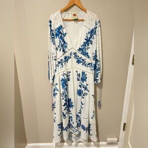 Farm Rio Arara White and Blue Floral lace Dress